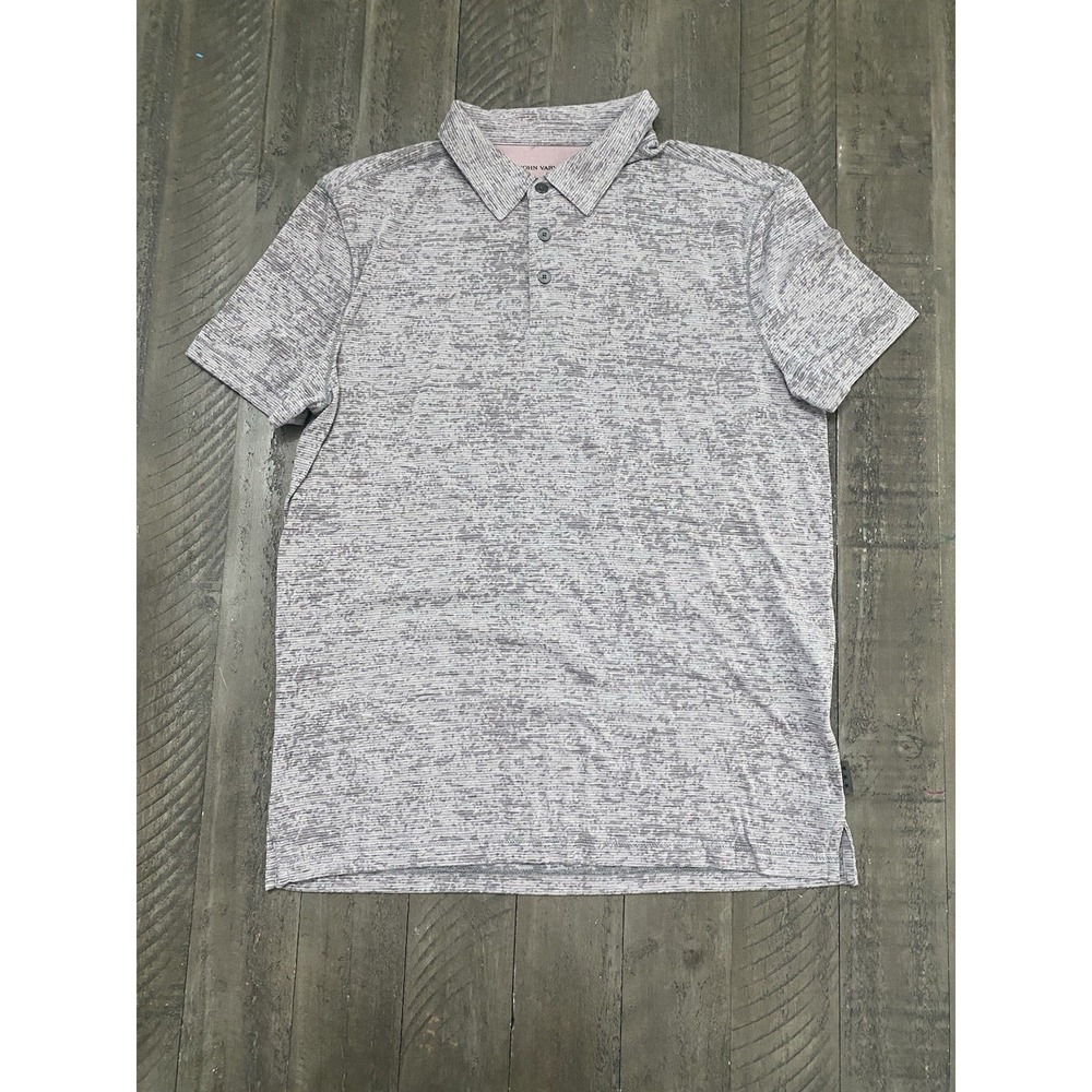 John Varvatos USA Polo Shirt Mens M Pink/ Gray Reverse Stripe Star Short Sleeve